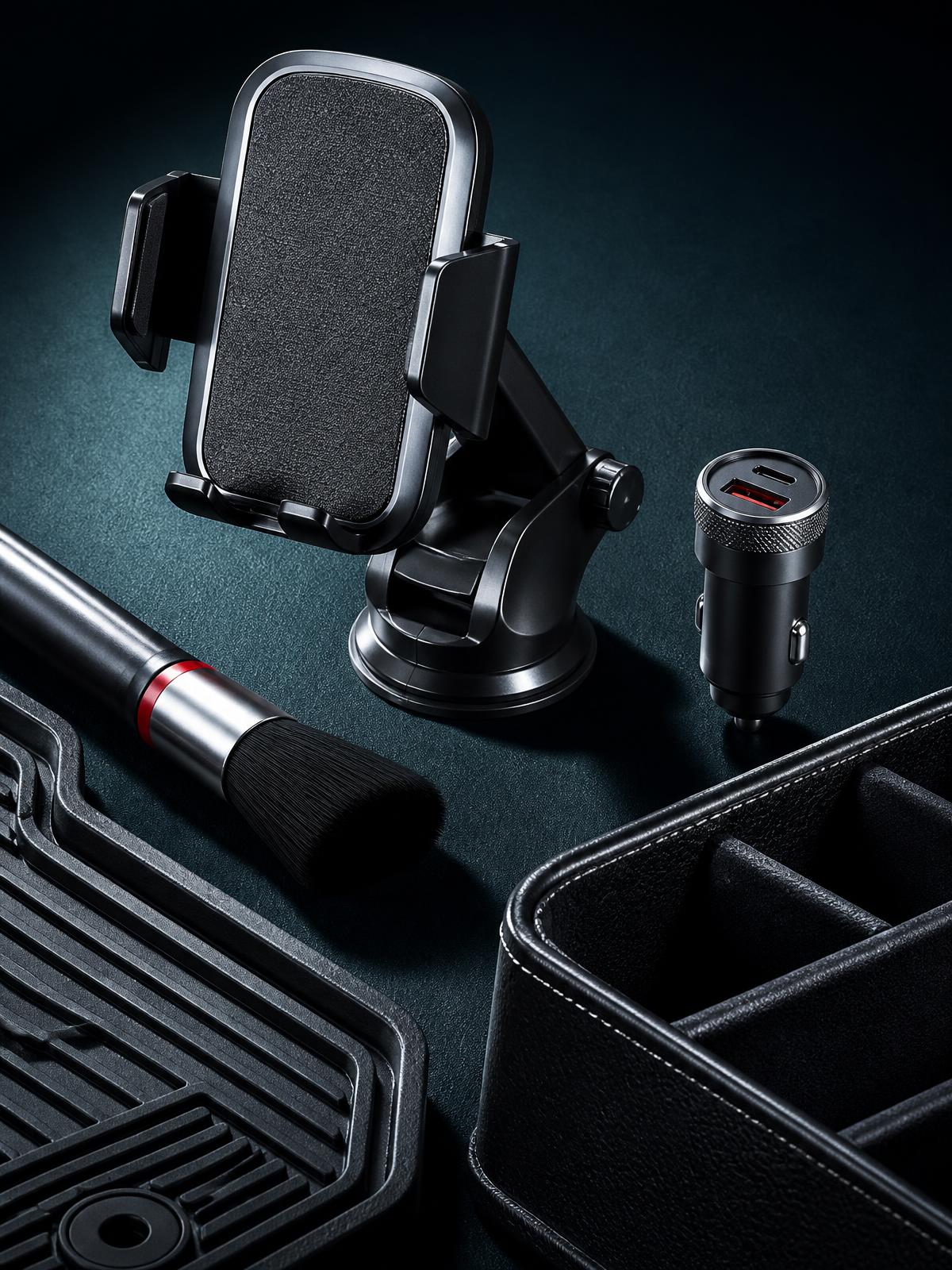 Phone mount, charger, detailing brush, floor mat and organizer arranged as an accessory guide